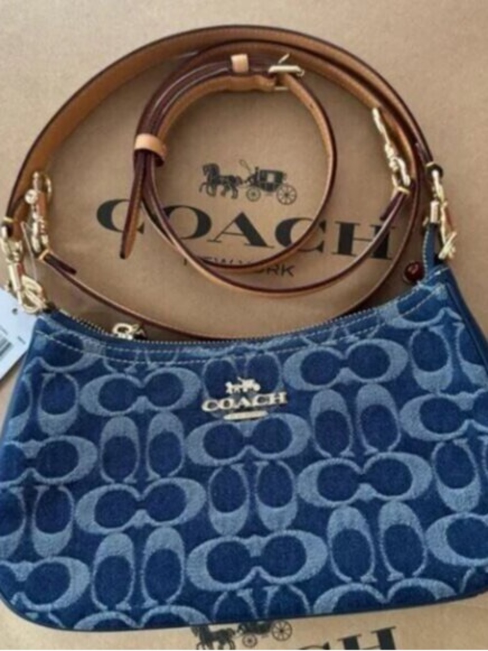 Coach Blue Signature Denim Shoulder Bag with Brown Strap - Picture 3 of 4